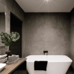 bathroom design showcasing a minimalist white bathtub with sleek fixtures